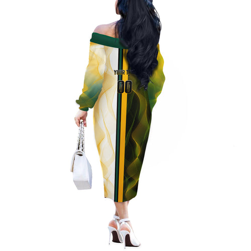 Personalized Australia Soccer Kangaroo Off The Shoulder Long Sleeve Dress World Football Mascot Green Gold Abstract Wave