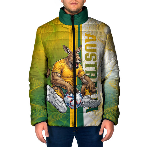 Personalized Australia Soccer Kangaroo Padded Jacket World Football Mascot Green Gold Abstract Wave