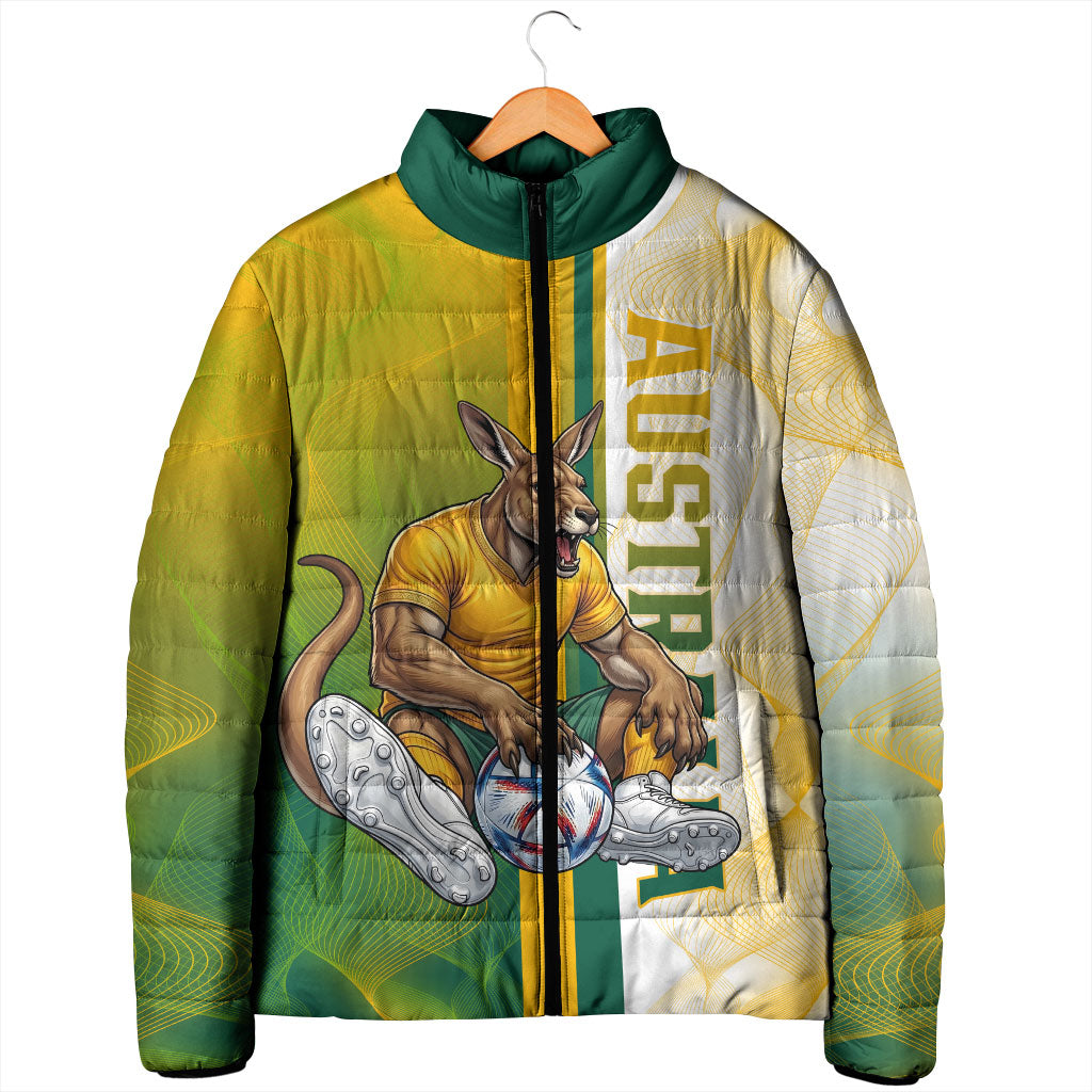 Personalized Australia Soccer Kangaroo Padded Jacket World Football Mascot Green Gold Abstract Wave