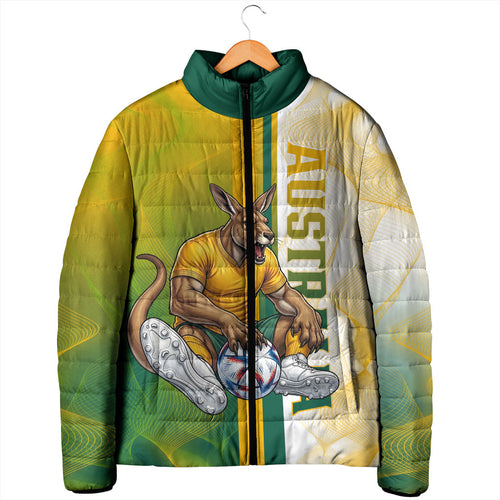 Personalized Australia Soccer Kangaroo Padded Jacket World Football Mascot Green Gold Abstract Wave