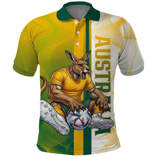 Personalized Australia Soccer Kangaroo Polo Shirt World Football Mascot Green Gold Abstract Wave