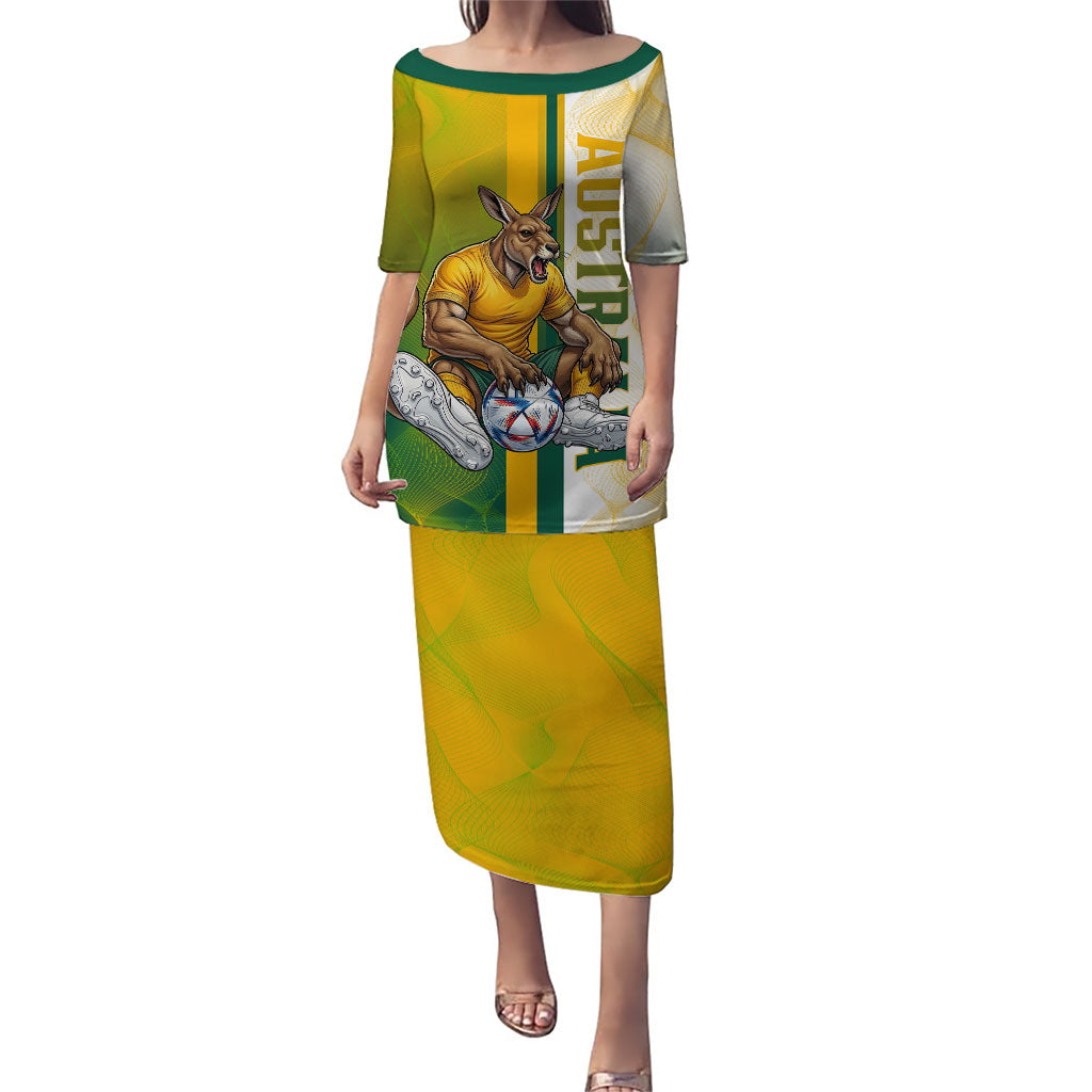 Personalized Australia Soccer Kangaroo Puletasi World Football Mascot Green Gold Abstract Wave