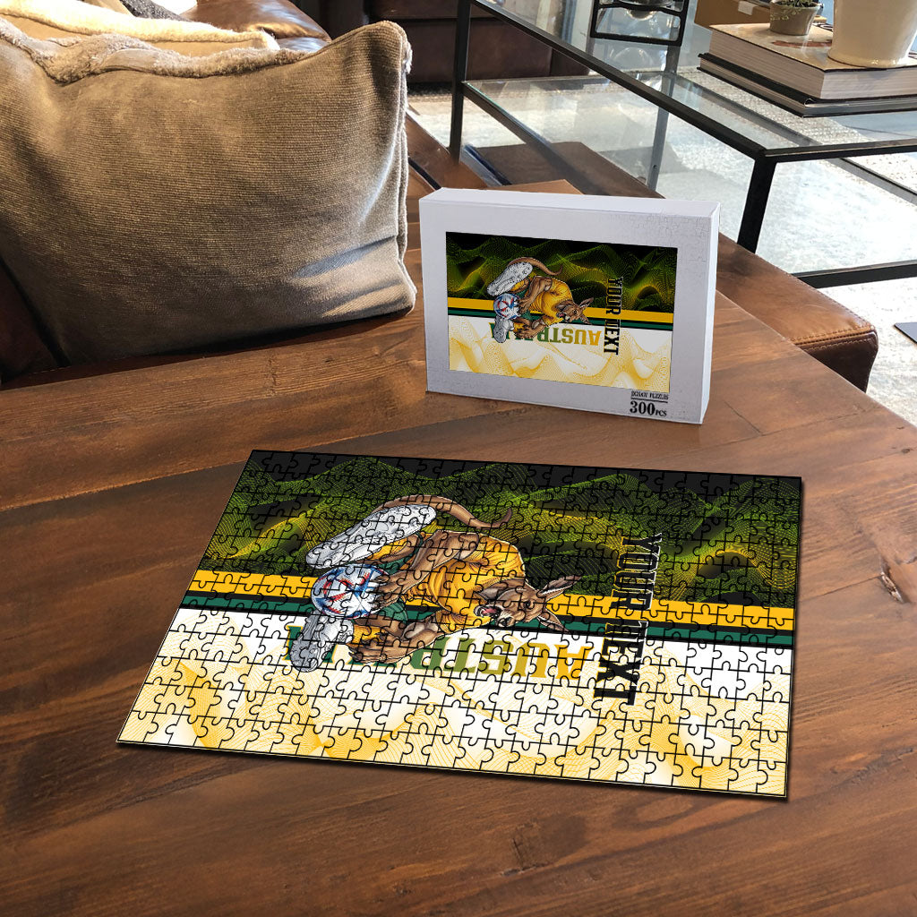 Personalized Australia Soccer Kangaroo Puzzle World Football Mascot Green Gold Abstract Wave