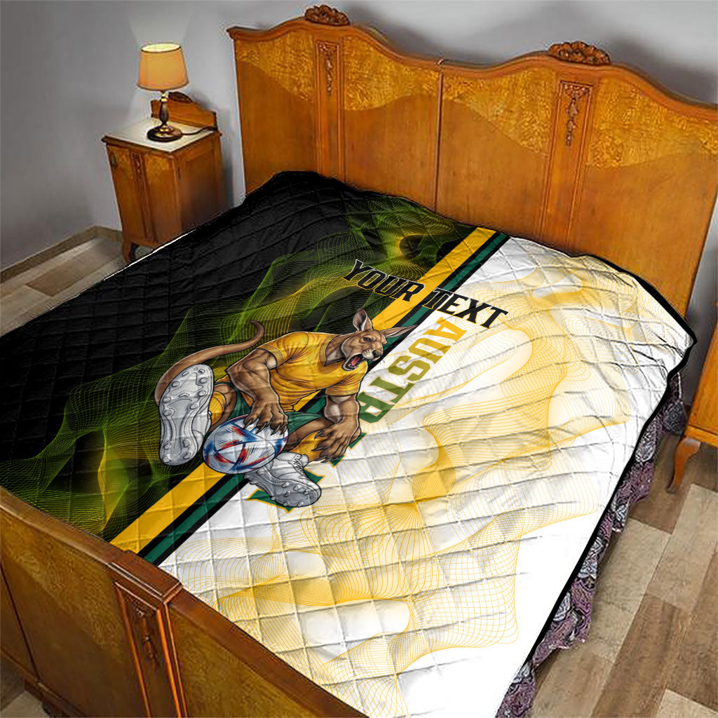 Personalized Australia Soccer Kangaroo Quilt World Football Mascot Green Gold Abstract Wave