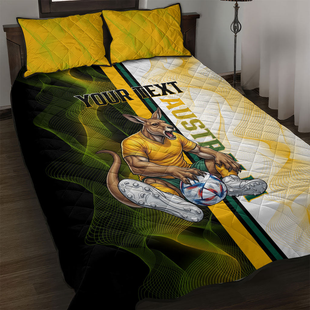 Personalized Australia Soccer Kangaroo Quilt Bed Set World Football Mascot Green Gold Abstract Wave