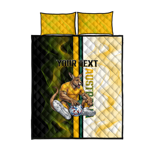 Personalized Australia Soccer Kangaroo Quilt Bed Set World Football Mascot Green Gold Abstract Wave