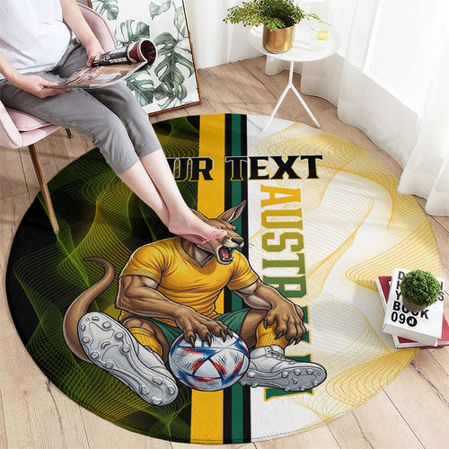 Personalized Australia Soccer Kangaroo Round Carpet World Football Mascot Green Gold Abstract Wave