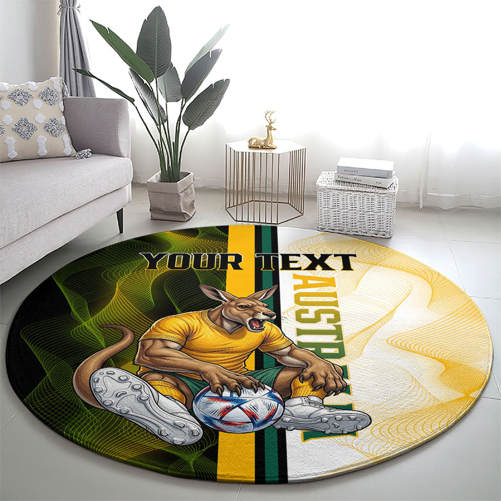 Personalized Australia Soccer Kangaroo Round Carpet World Football Mascot Green Gold Abstract Wave