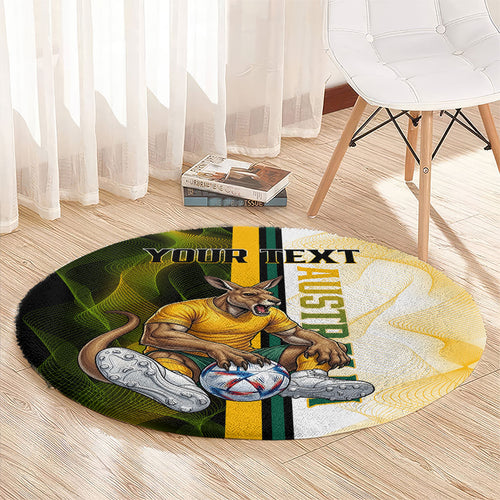 Personalized Australia Soccer Kangaroo Round Carpet World Football Mascot Green Gold Abstract Wave