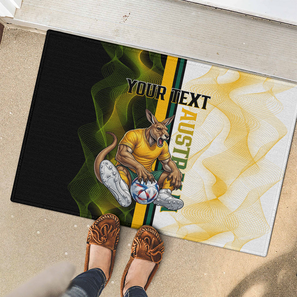 Personalized Australia Soccer Kangaroo Rubber Doormat World Football Mascot Green Gold Abstract Wave
