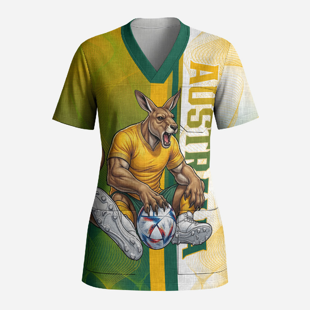 Personalized Australia Soccer Kangaroo Scrub Top World Football Mascot Green Gold Abstract Wave