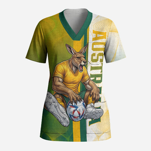 Personalized Australia Soccer Kangaroo Scrub Top World Football Mascot Green Gold Abstract Wave