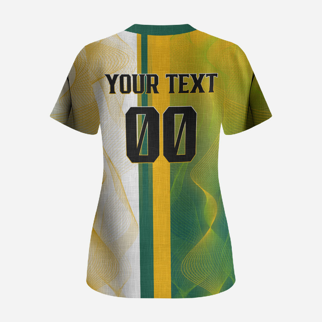 Personalized Australia Soccer Kangaroo Scrub Top World Football Mascot Green Gold Abstract Wave
