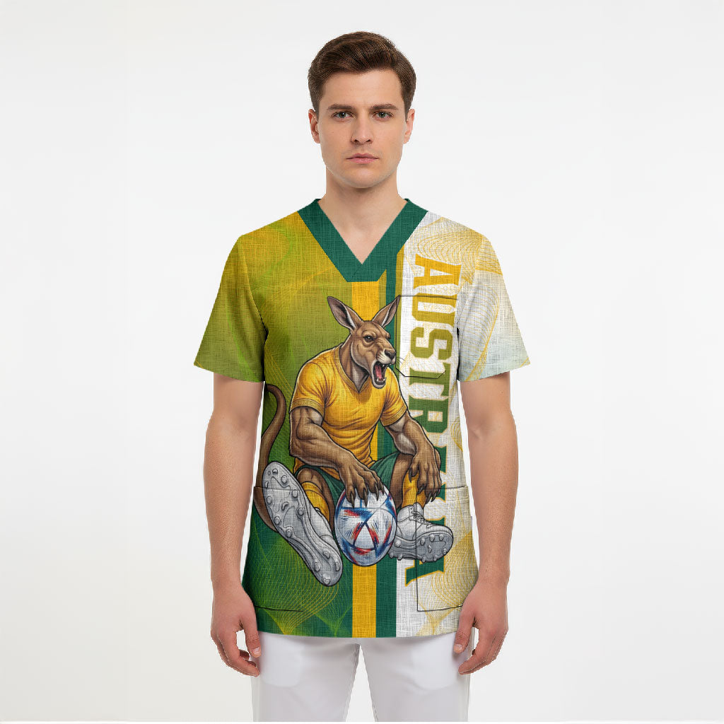 Personalized Australia Soccer Kangaroo Scrub Top World Football Mascot Green Gold Abstract Wave