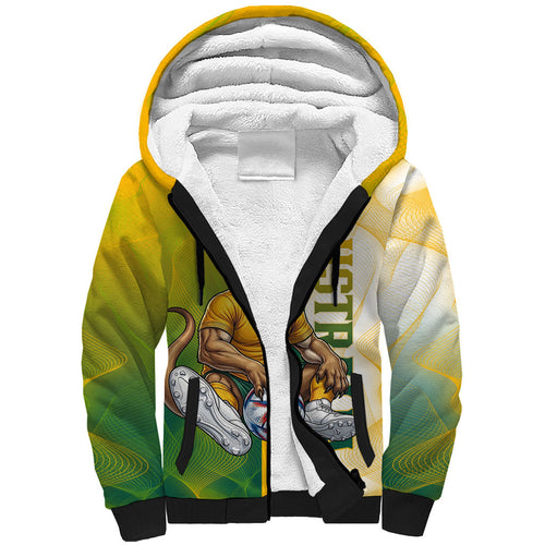 Personalized Australia Soccer Kangaroo Sherpa Hoodie World Football Mascot Green Gold Abstract Wave