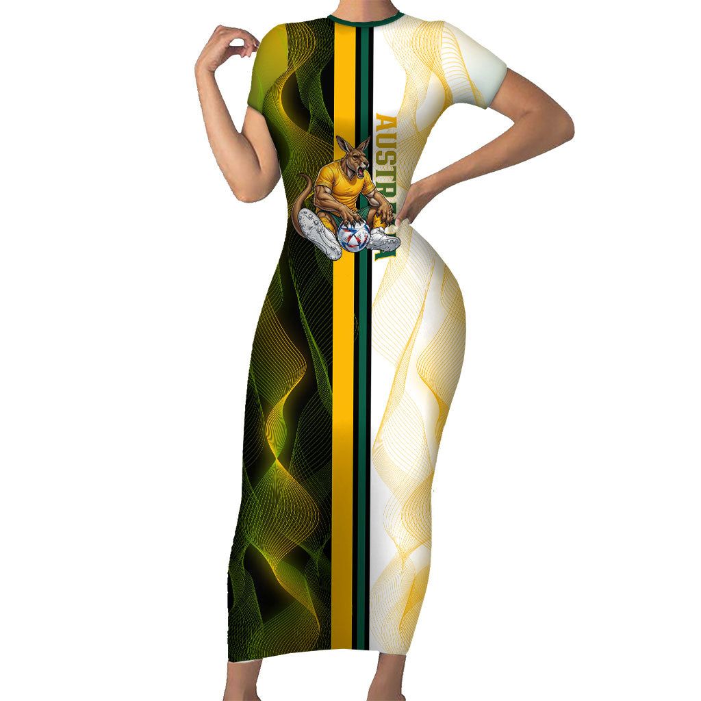 Personalized Australia Soccer Kangaroo Short Sleeve Bodycon Dress World Football Mascot Green Gold Abstract Wave