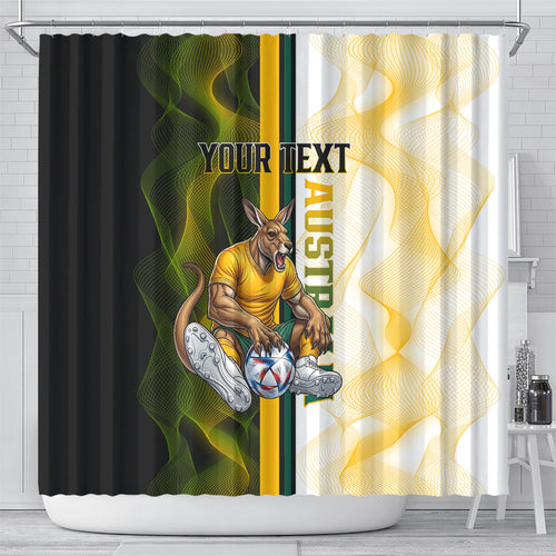 Personalized Australia Soccer Kangaroo Shower Curtain World Football Mascot Green Gold Abstract Wave