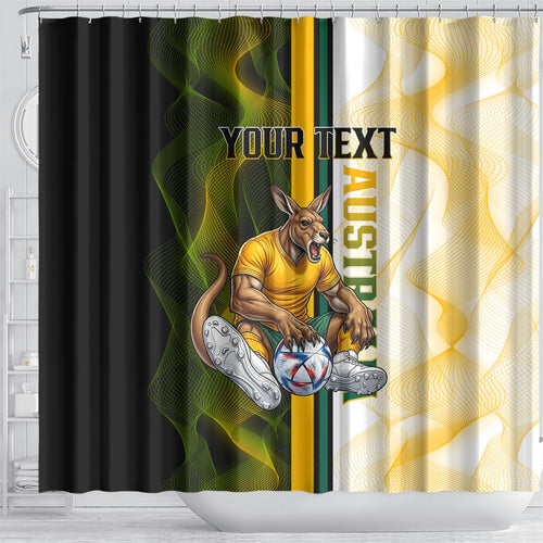 Personalized Australia Soccer Kangaroo Shower Curtain World Football Mascot Green Gold Abstract Wave