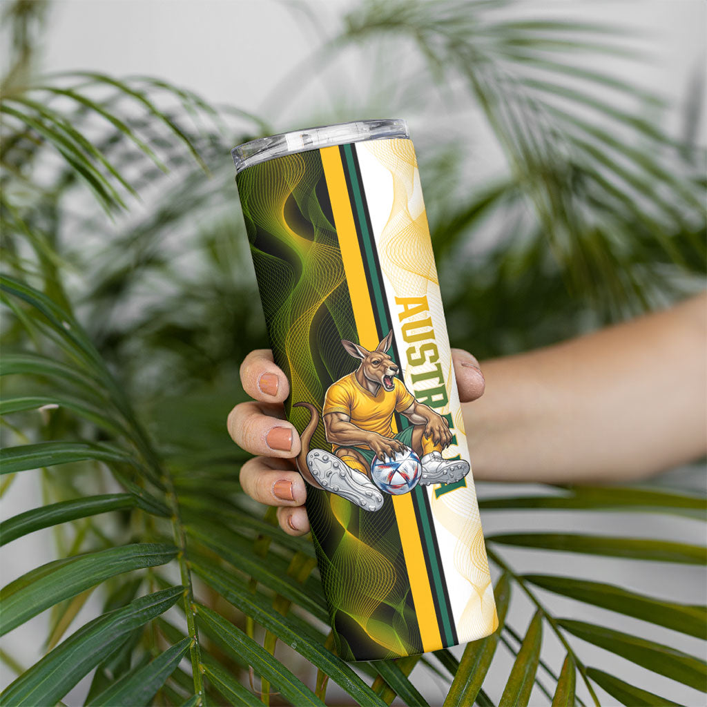 Personalized Australia Soccer Kangaroo Skinny Tumbler World Football Mascot Green Gold Abstract Wave