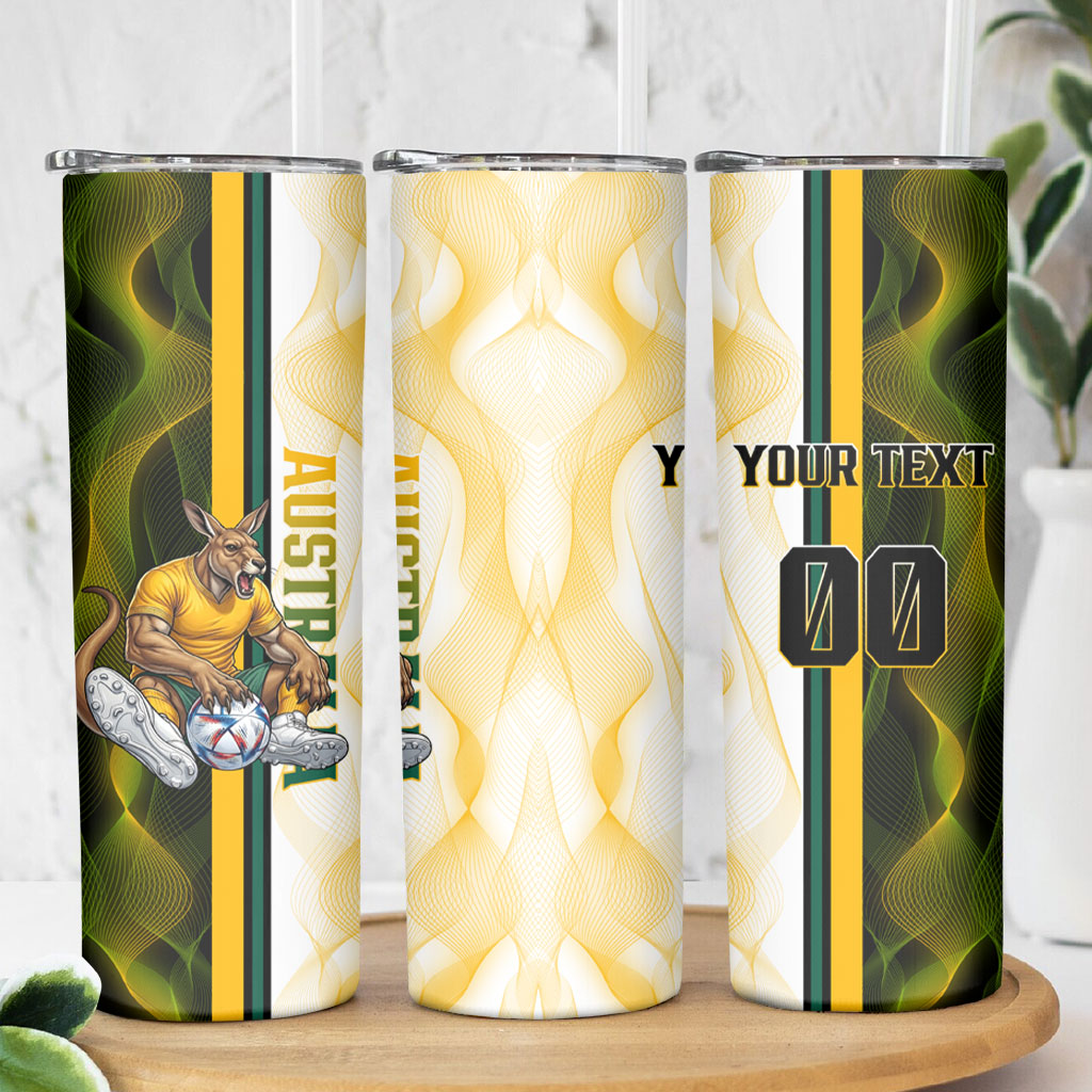 Personalized Australia Soccer Kangaroo Skinny Tumbler World Football Mascot Green Gold Abstract Wave