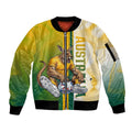 Personalized Australia Soccer Kangaroo Sleeve Zip Bomber Jacket World Football Mascot Green Gold Abstract Wave
