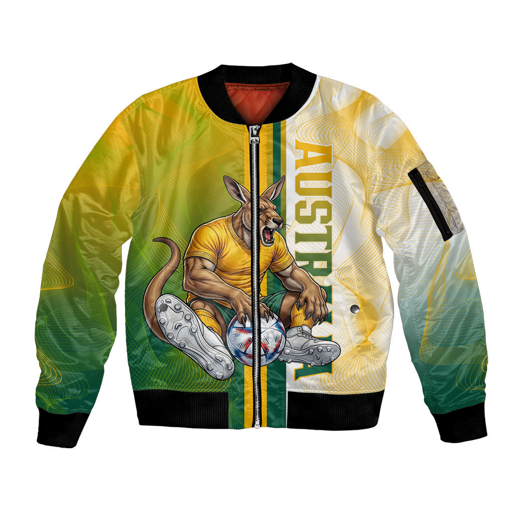 Personalized Australia Soccer Kangaroo Sleeve Zip Bomber Jacket World Football Mascot Green Gold Abstract Wave