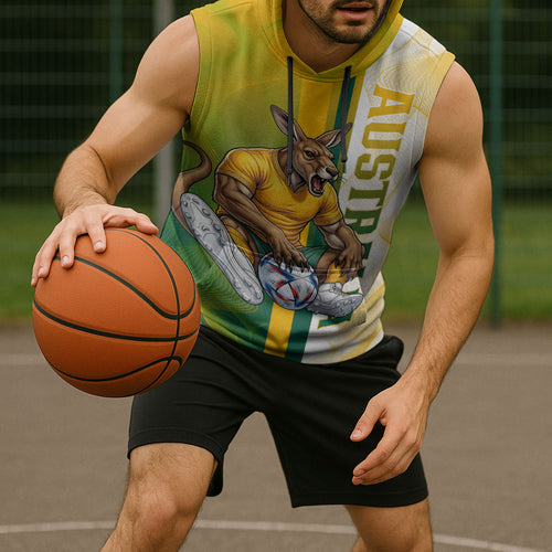 Personalized Australia Soccer Kangaroo Sleeveless Hoodie World Football Mascot Green Gold Abstract Wave