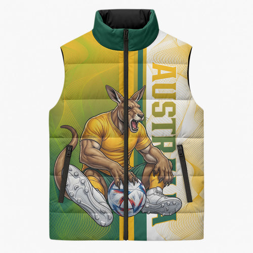 Personalized Australia Soccer Kangaroo Sleeveless Puffer Jacket World Football Mascot Green Gold Abstract Wave