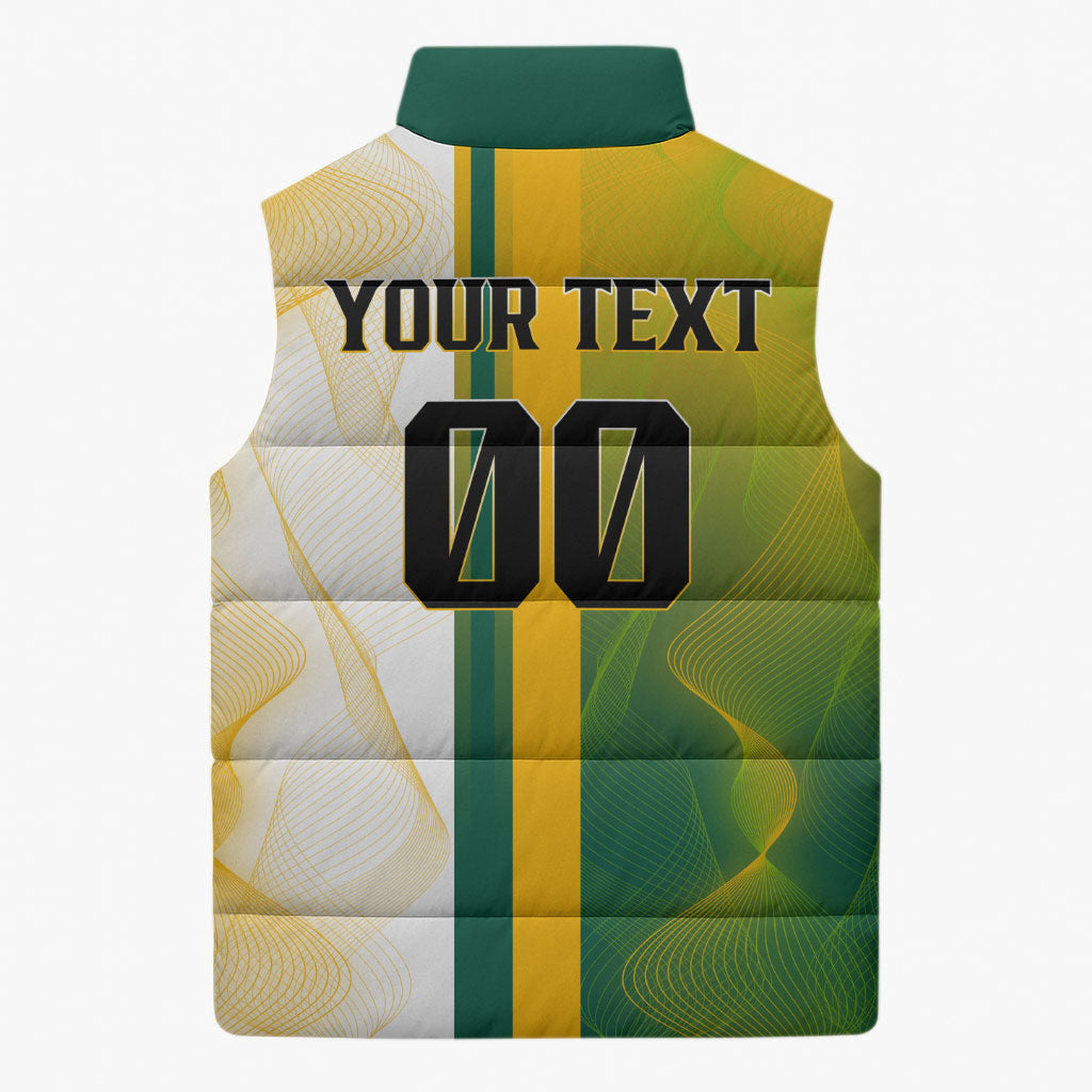 Personalized Australia Soccer Kangaroo Sleeveless Puffer Jacket World Football Mascot Green Gold Abstract Wave