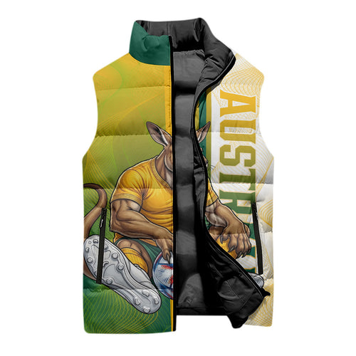 Personalized Australia Soccer Kangaroo Sleeveless Puffer Jacket World Football Mascot Green Gold Abstract Wave