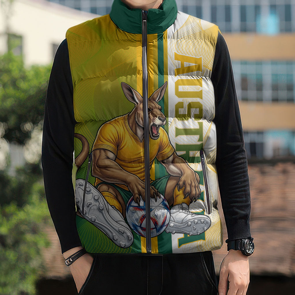 Personalized Australia Soccer Kangaroo Sleeveless Puffer Jacket World Football Mascot Green Gold Abstract Wave