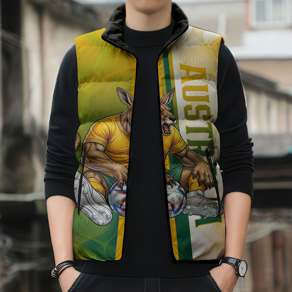 Personalized Australia Soccer Kangaroo Sleeveless Puffer Jacket World Football Mascot Green Gold Abstract Wave