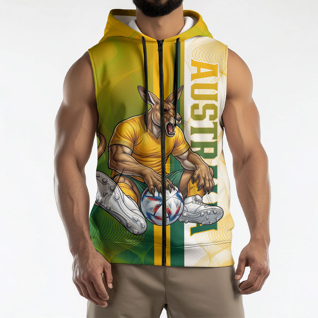 Personalized Australia Soccer Kangaroo Sleeveless Zip Hoodie World Football Mascot Green Gold Abstract Wave