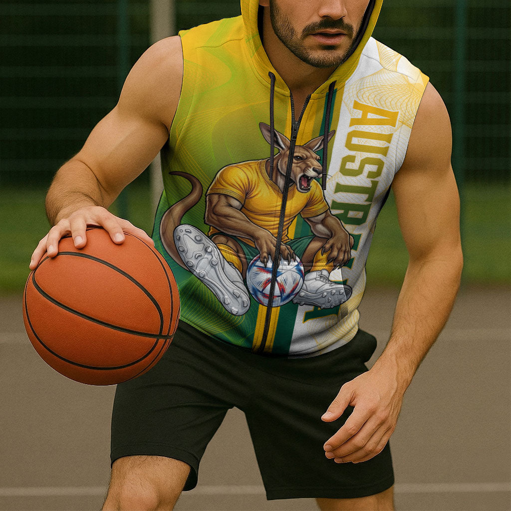 Personalized Australia Soccer Kangaroo Sleeveless Zip Hoodie World Football Mascot Green Gold Abstract Wave