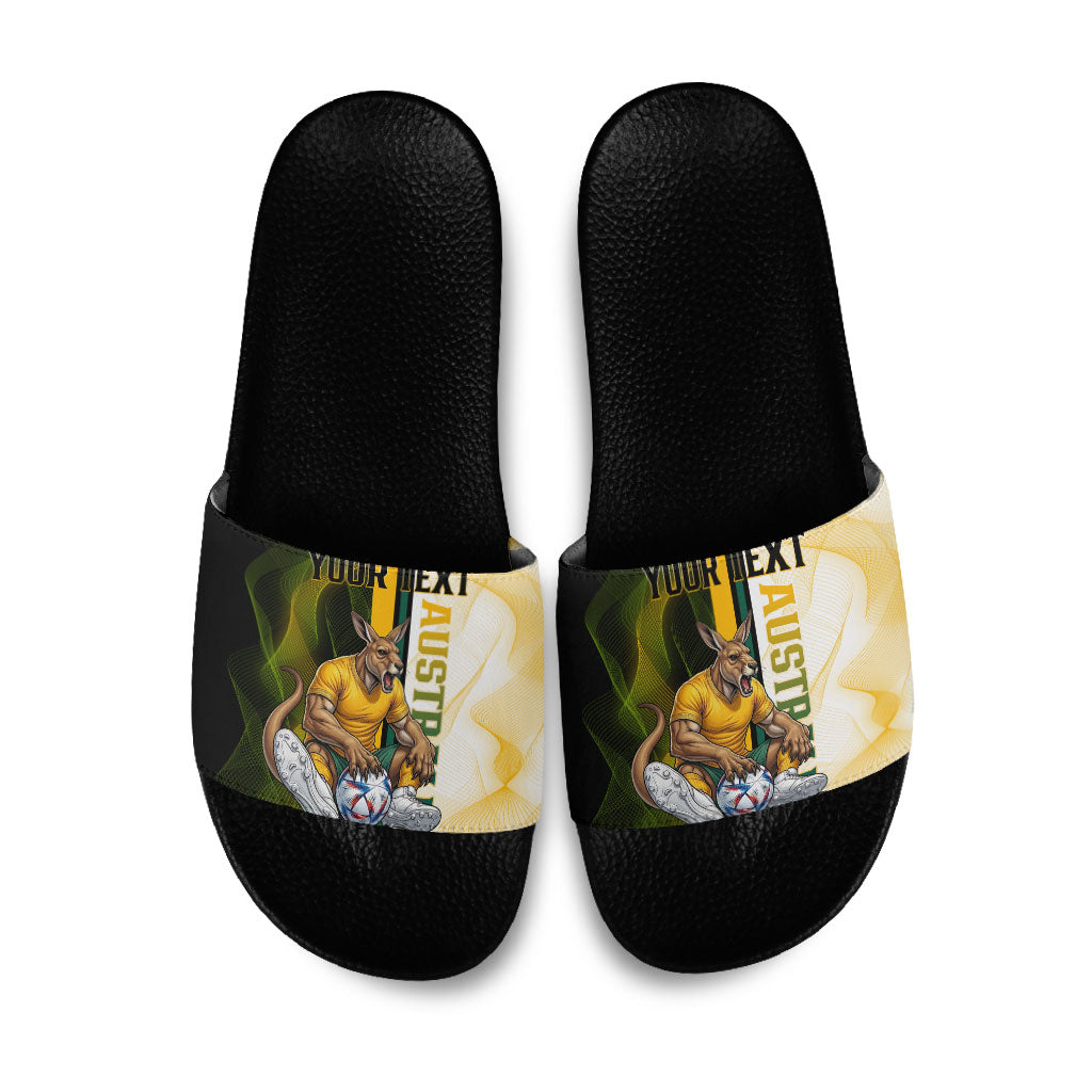 Personalized Australia Soccer Kangaroo Slide Sandals World Football Mascot Green Gold Abstract Wave