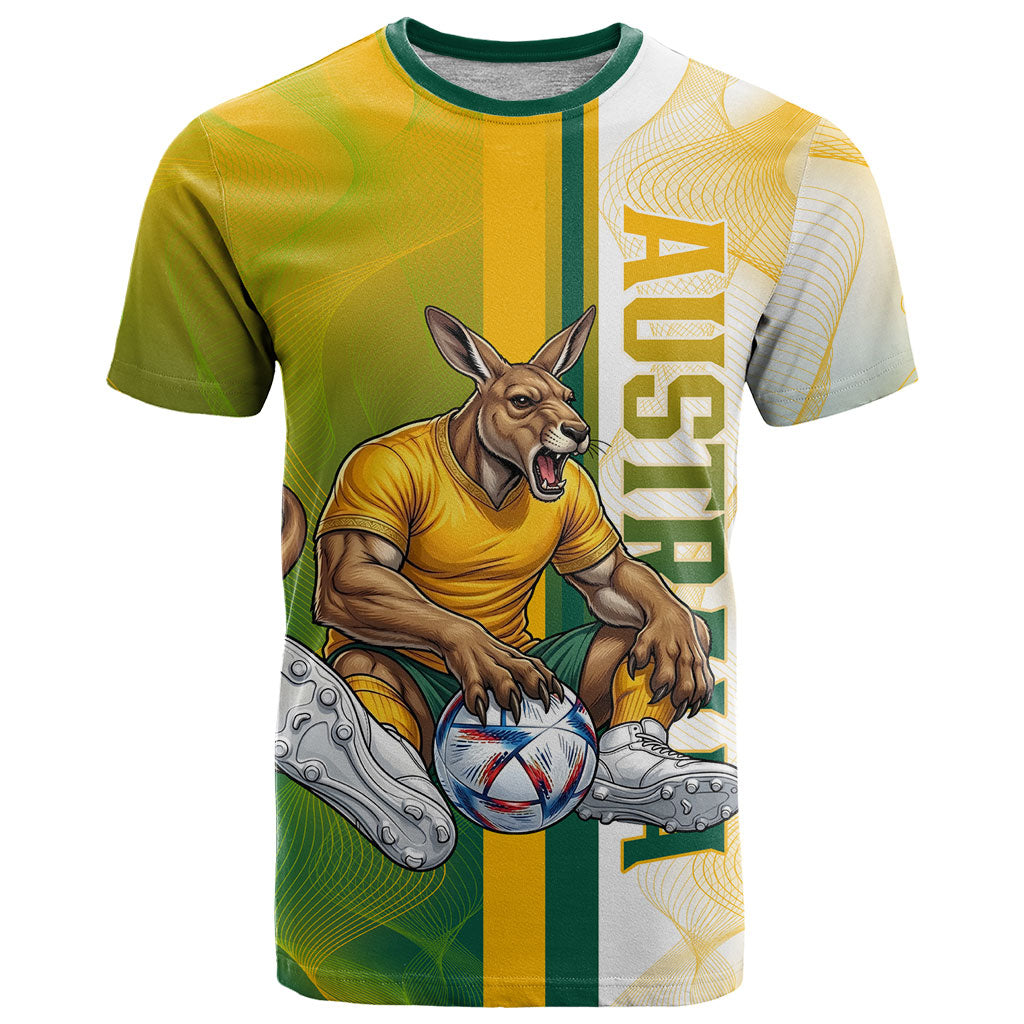 Personalized Australia Soccer Kangaroo T Shirt World Football Mascot Green Gold Abstract Wave