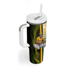 Personalized Australia Soccer Kangaroo Tumbler With Handle World Football Mascot Green Gold Abstract Wave