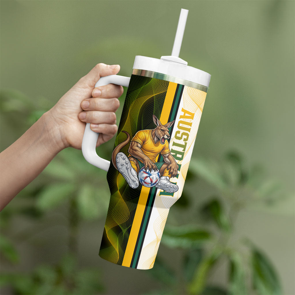 Personalized Australia Soccer Kangaroo Tumbler With Handle World Football Mascot Green Gold Abstract Wave