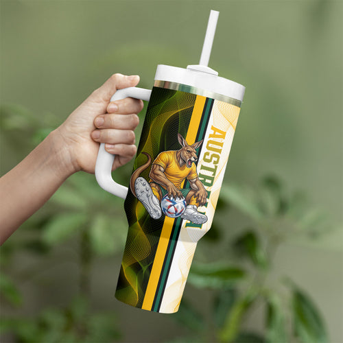 Personalized Australia Soccer Kangaroo Tumbler With Handle World Football Mascot Green Gold Abstract Wave