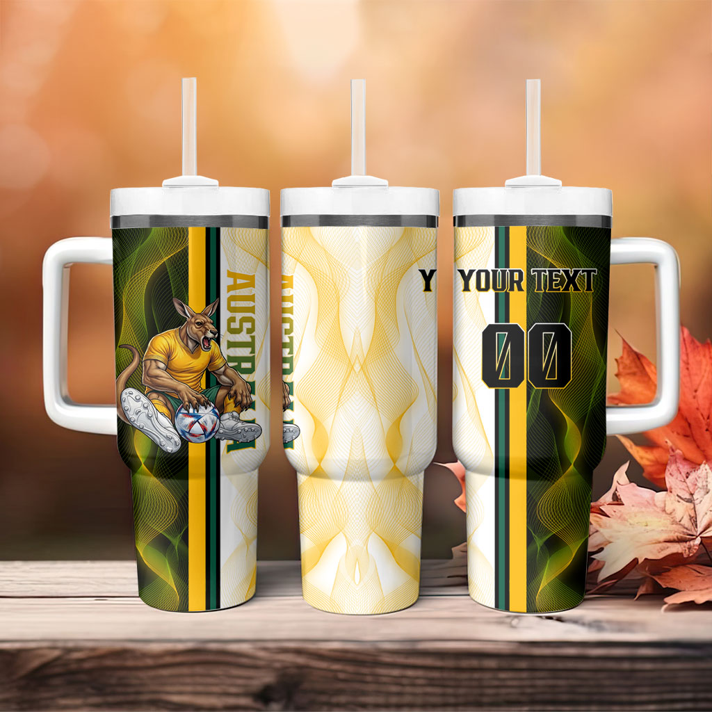 Personalized Australia Soccer Kangaroo Tumbler With Handle World Football Mascot Green Gold Abstract Wave