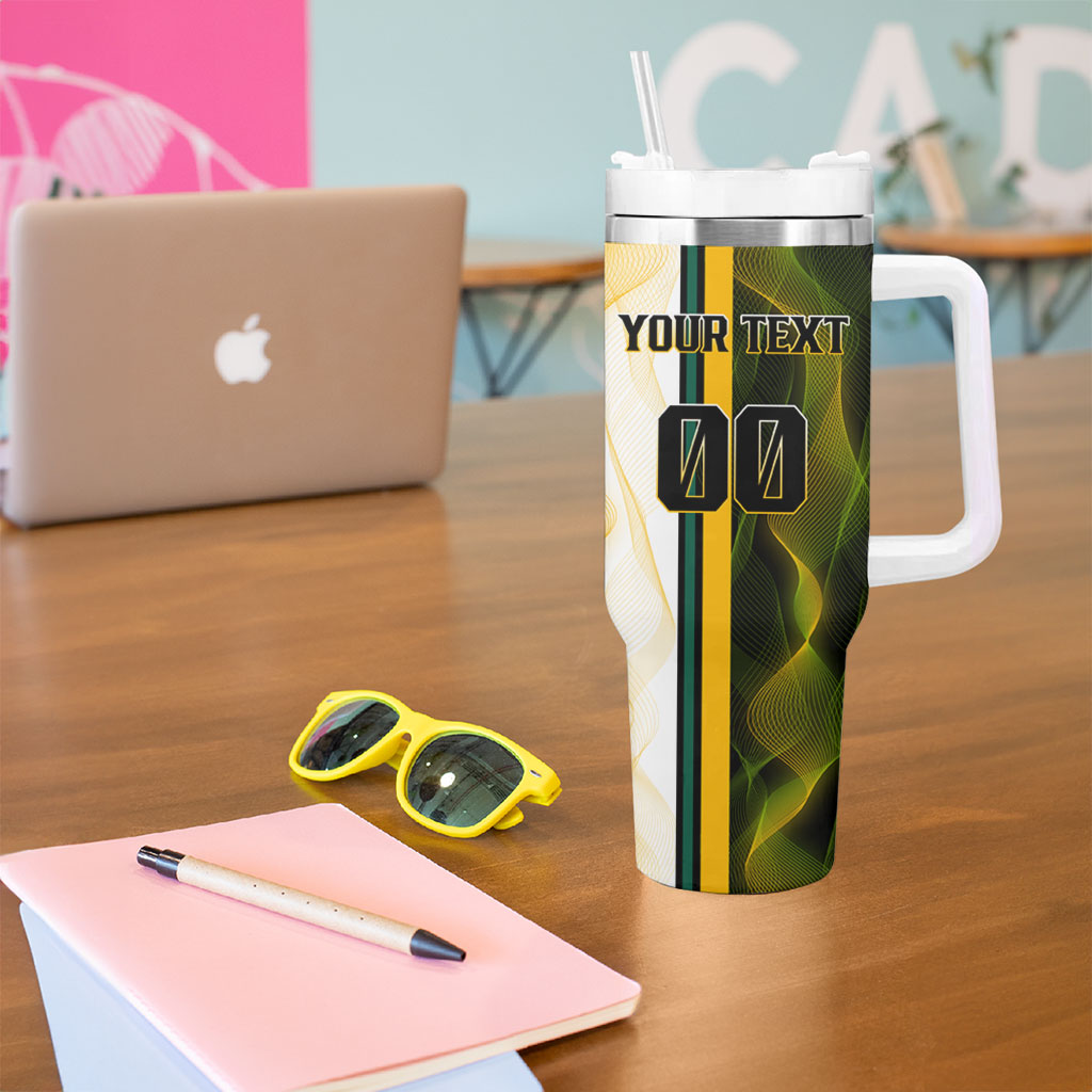 Personalized Australia Soccer Kangaroo Tumbler With Handle World Football Mascot Green Gold Abstract Wave