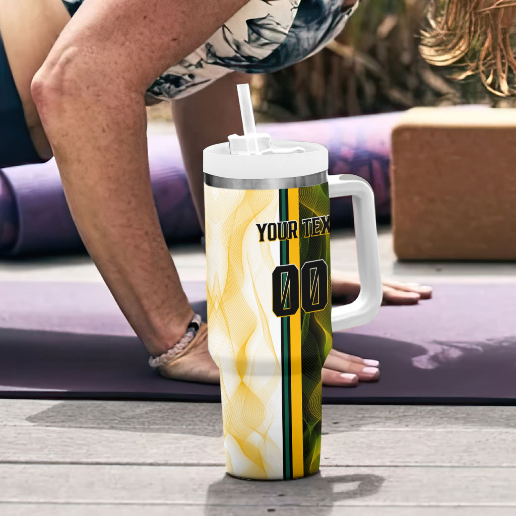 Personalized Australia Soccer Kangaroo Tumbler With Handle World Football Mascot Green Gold Abstract Wave
