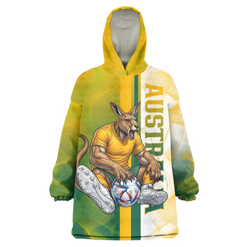 Personalized Australia Soccer Kangaroo Wearable Blanket Hoodie World Football Mascot Green Gold Abstract Wave