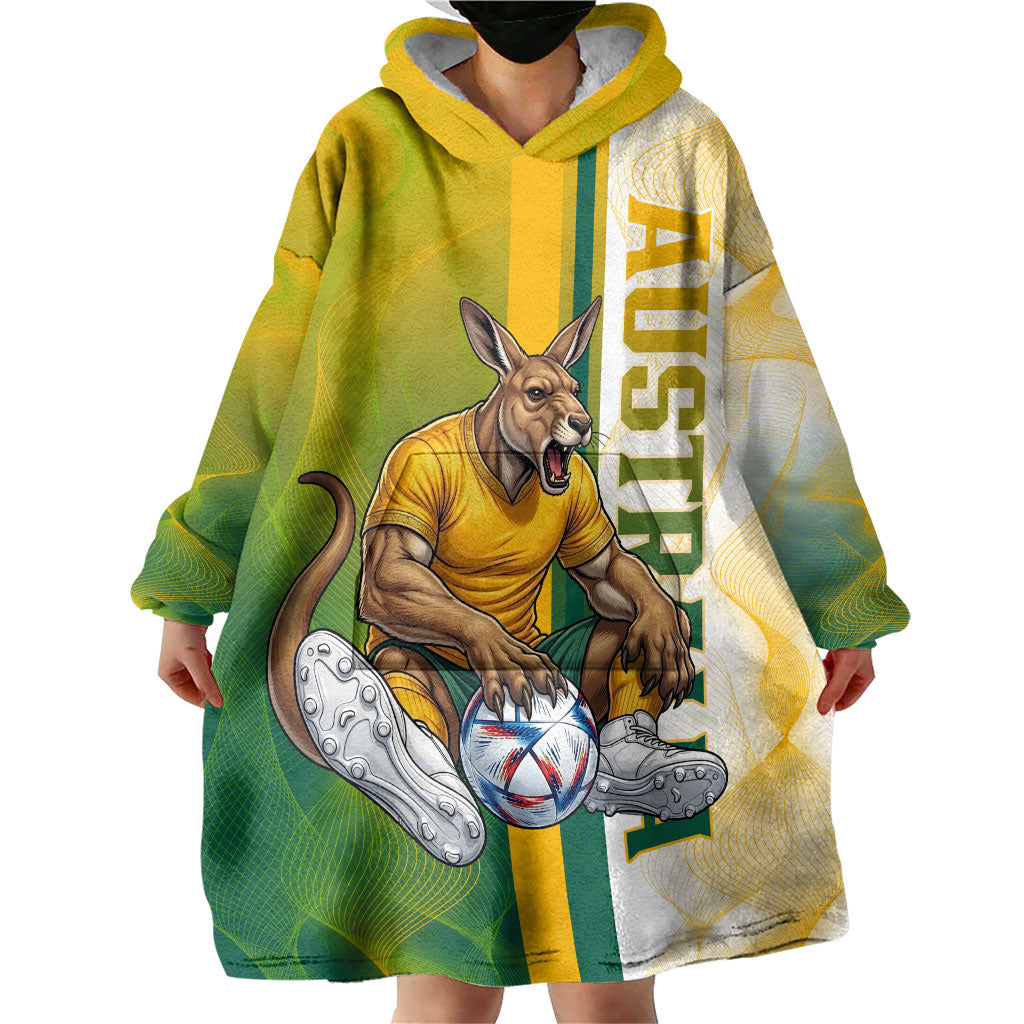 Personalized Australia Soccer Kangaroo Wearable Blanket Hoodie World Football Mascot Green Gold Abstract Wave