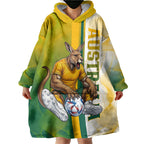 Personalized Australia Soccer Kangaroo Wearable Blanket Hoodie World Football Mascot Green Gold Abstract Wave