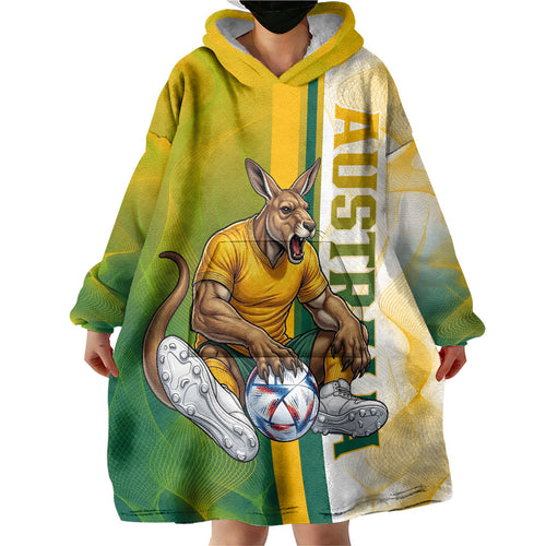 Personalized Australia Soccer Kangaroo Wearable Blanket Hoodie World Football Mascot Green Gold Abstract Wave