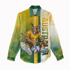 Personalized Australia Soccer Kangaroo Women Casual Shirt World Football Mascot Green Gold Abstract Wave