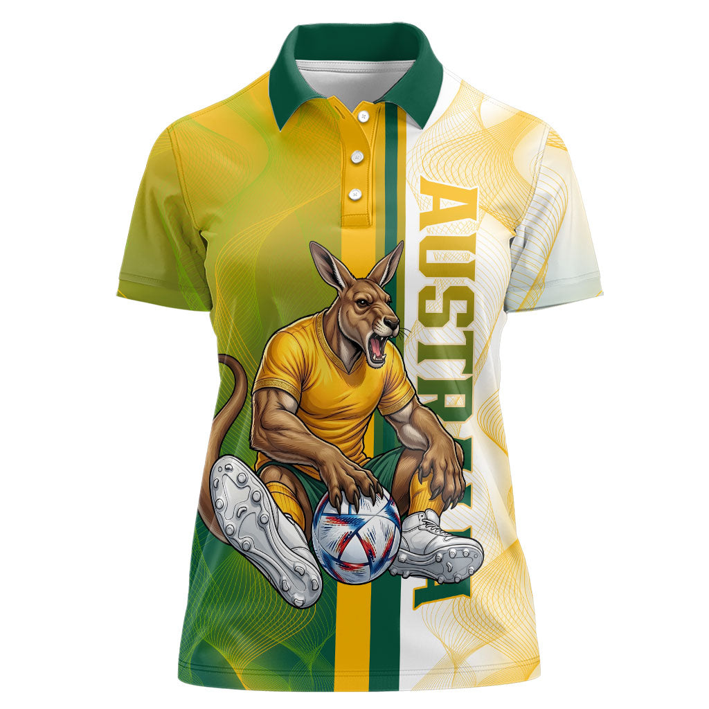 Personalized Australia Soccer Kangaroo Women Polo Shirt World Football Mascot Green Gold Abstract Wave