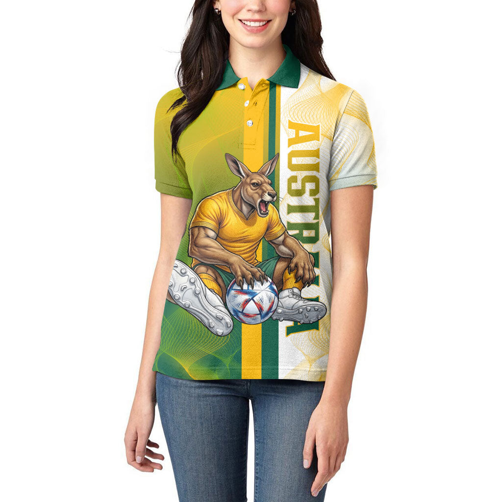 Personalized Australia Soccer Kangaroo Women Polo Shirt World Football Mascot Green Gold Abstract Wave