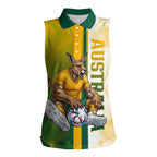 Personalized Australia Soccer Kangaroo Women Sleeveless Polo Shirt World Football Mascot Green Gold Abstract Wave